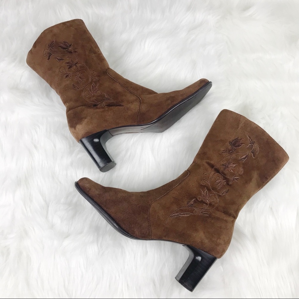 Floral Embroidered Suede Heeled Booties